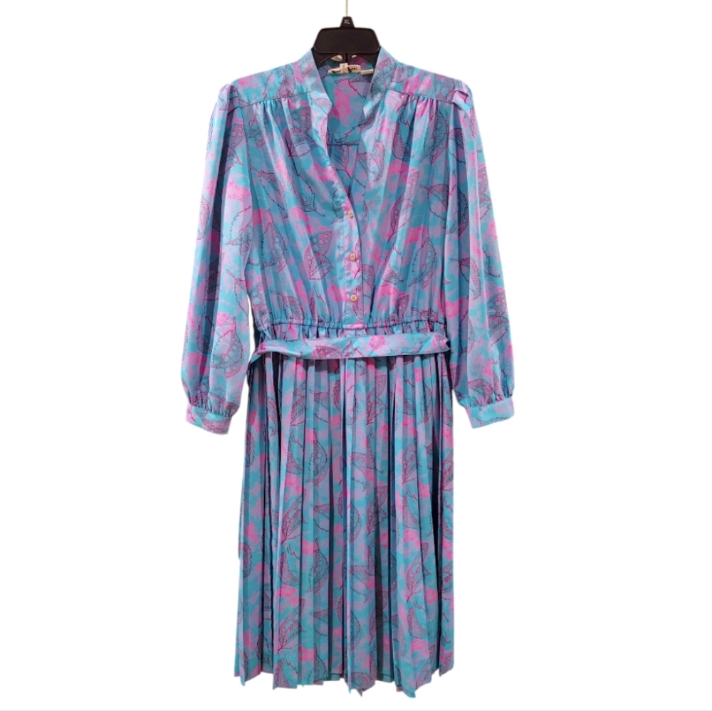 Vintage 90s Schrader Sport New York Blue Purple Pleated Button Dress Size 12